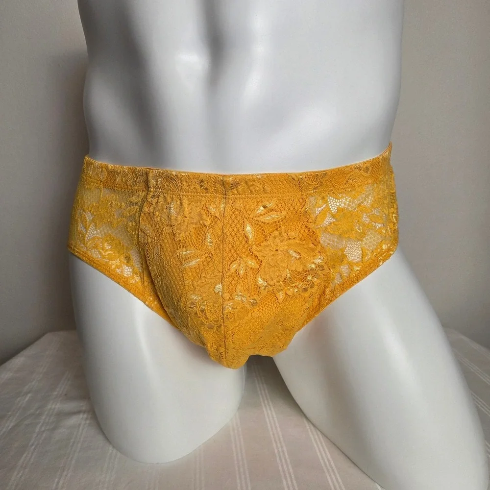 Cosabella Mens‎ Mustard Yellow Floral Lace Briefs Intimate Underwear Sheer